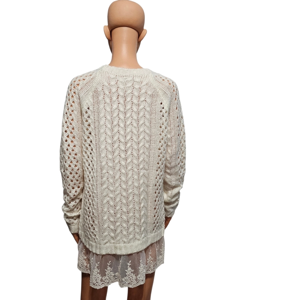 Pol Cable knit Ivory With Lace Hem Coquette Chunky Sweater Sz S (Oversized) - Picture 3 of 6